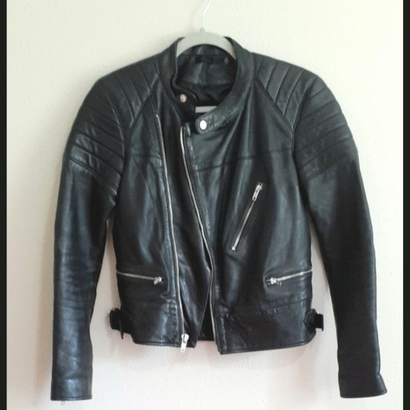 BLK DNM Leather Jacket Accordion Nehru Collar XS Padded Motorcyle Moto Chic - Picture 3 of 9